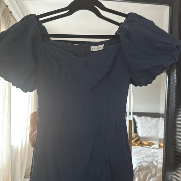 Rhode Karima Linen Puff Sleeve Navy Dress - Picture 4 of 5